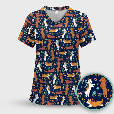 Cute Cartoon Dog Print Nurse Scrub Top, Comfortable Scrubs for Nurses