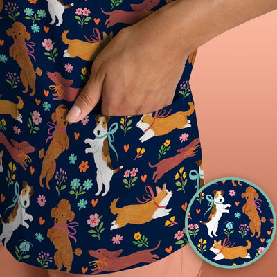 Cute Cartoon Dog Print Nurse Scrub Top, Comfortable Scrubs for Nurses
