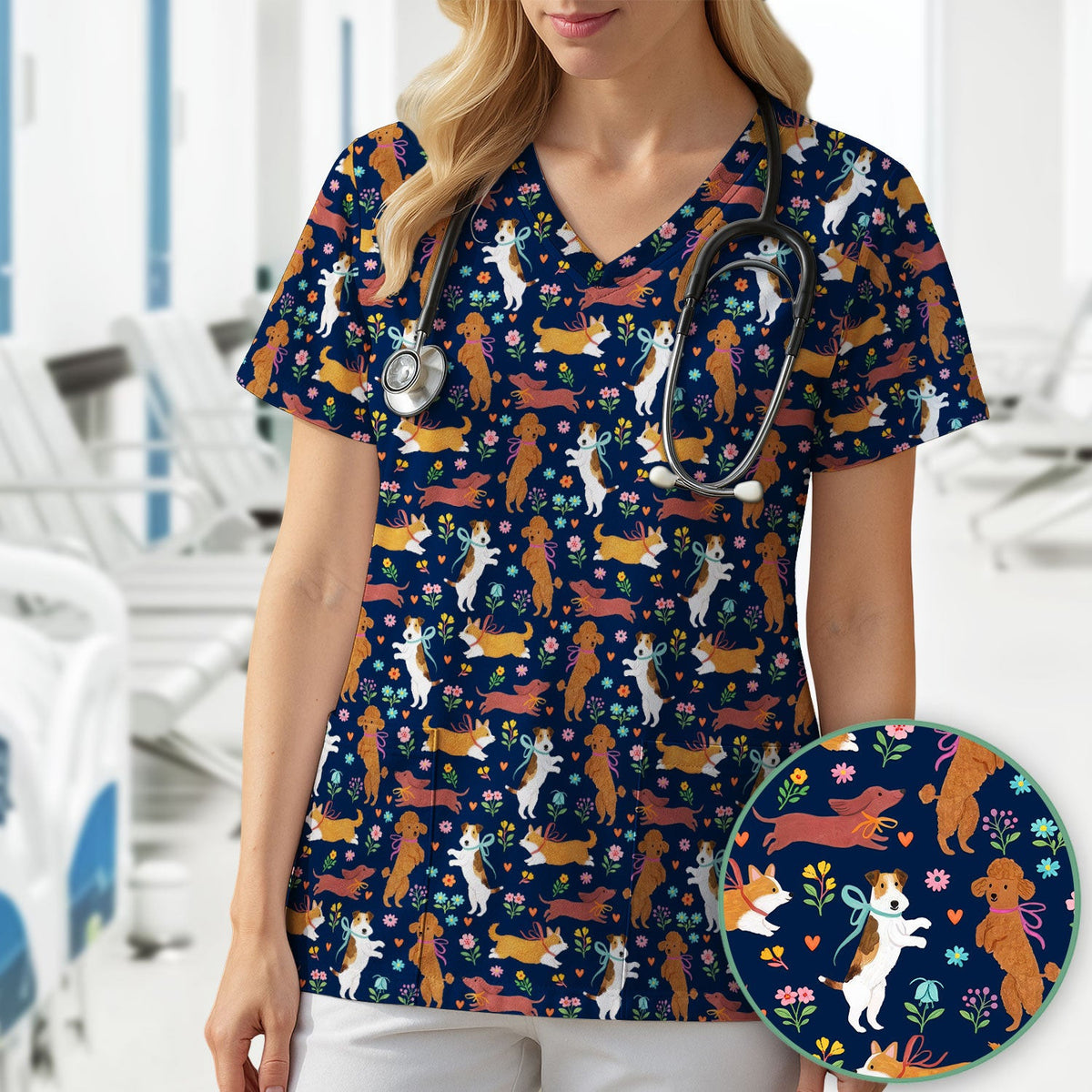 Cute Cartoon Dog Print Nurse Scrub Top, Comfortable Scrubs for Nurses
