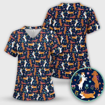 Cute Cartoon Dog Print Nurse Scrub Top, Comfortable Scrubs for Nurses