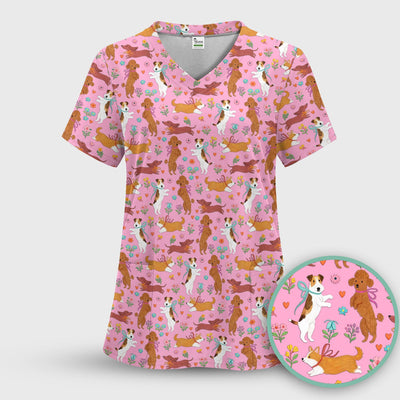 Cute Cartoon Dog Print Nurse Scrub Top, Comfortable Scrubs for Nurses