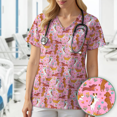 Cute Cartoon Dog Print Nurse Scrub Top, Comfortable Scrubs for Nurses