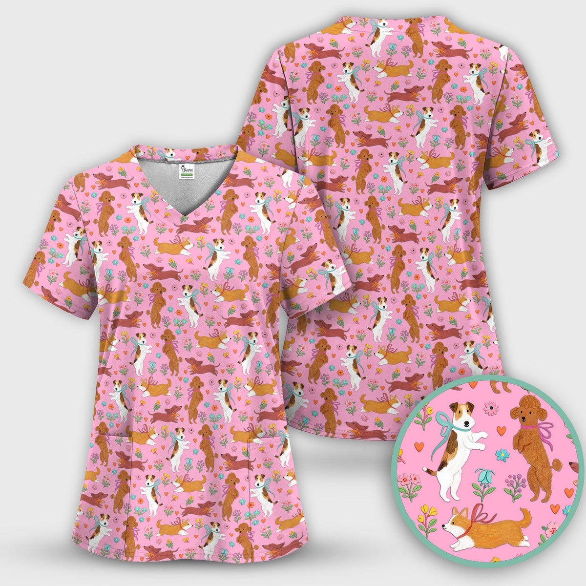 Cute Cartoon Dog Print Nurse Scrub Top, Comfortable Scrubs for Nurses