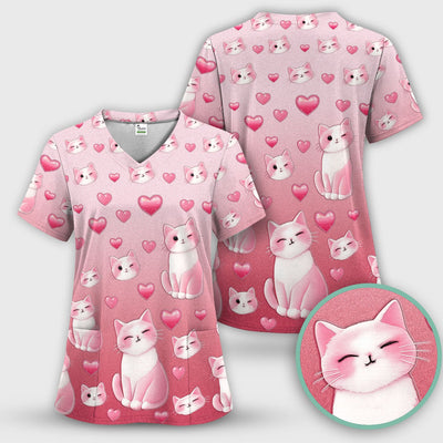 Valentine Cat Scrub Top, Cute Heart Pattern Nurse Shirt, Comfortable Scrubs For Nursing