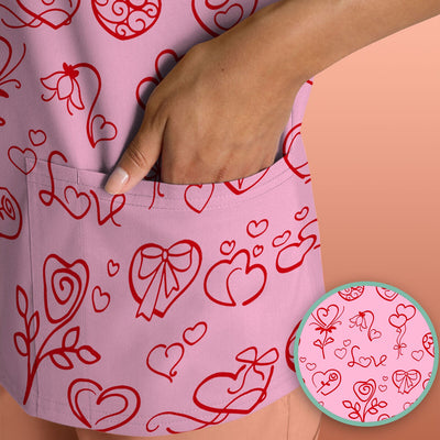 Cute Valentine Heart Scrub Top, Artistic Heart Pink Love Line Art Pattern Nurse Shirt, Comfortable Scrubs For Nursing