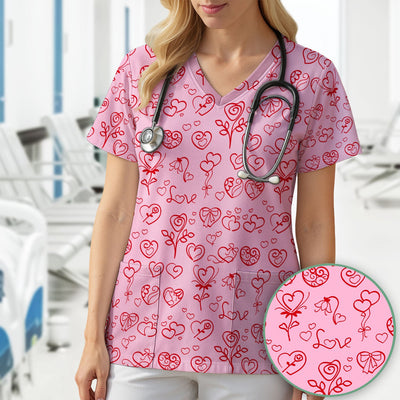 Cute Valentine Heart Scrub Top, Artistic Heart Pink Love Line Art Pattern Nurse Shirt, Comfortable Scrubs For Nursing