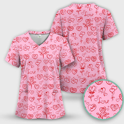 Cute Valentine Heart Scrub Top, Artistic Heart Pink Love Line Art Pattern Nurse Shirt, Comfortable Scrubs For Nursing