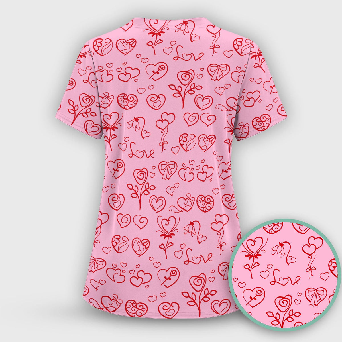Cute Valentine Heart Scrub Top, Artistic Heart Pink Love Line Art Pattern Nurse Shirt, Comfortable Scrubs For Nursing
