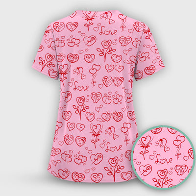 Cute Valentine Heart Scrub Top, Artistic Heart Pink Love Line Art Pattern Nurse Shirt, Comfortable Scrubs For Nursing
