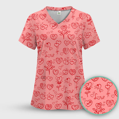 Cute Valentine Heart Scrub Top, Artistic Heart Pink Love Line Art Pattern Nurse Shirt, Comfortable Scrubs For Nursing