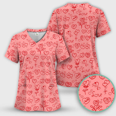 Cute Valentine Heart Scrub Top, Artistic Heart Pink Love Line Art Pattern Nurse Shirt, Comfortable Scrubs For Nursing