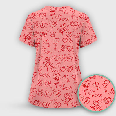 Cute Valentine Heart Scrub Top, Artistic Heart Pink Love Line Art Pattern Nurse Shirt, Comfortable Scrubs For Nursing
