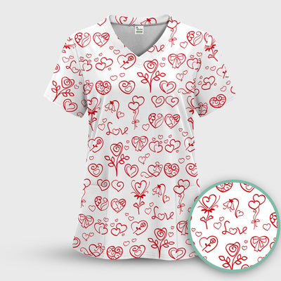 Cute Valentine Heart Scrub Top, Artistic Heart Pink Love Line Art Pattern Nurse Shirt, Comfortable Scrubs For Nursing