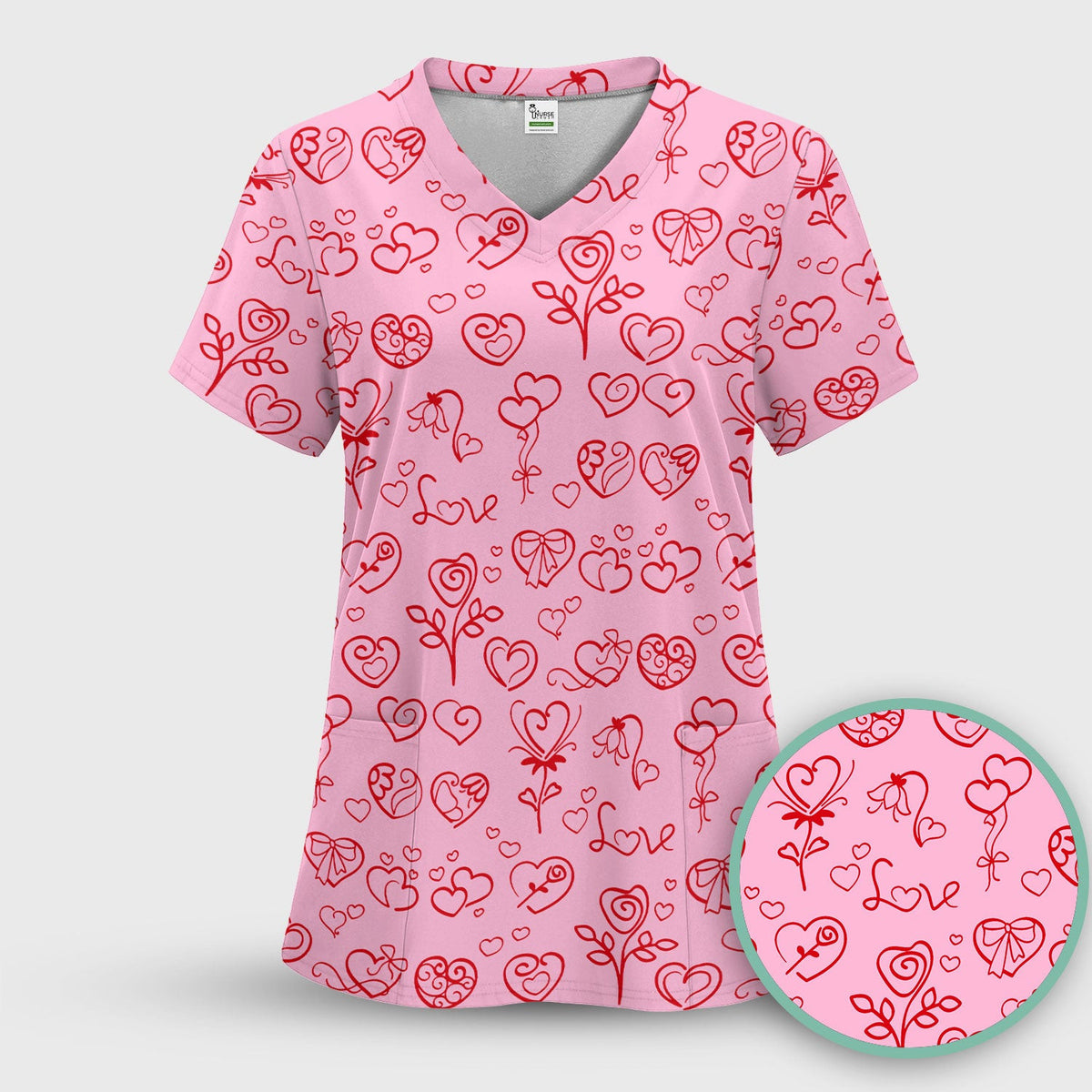 Cute Valentine Heart Scrub Top, Artistic Heart Pink Love Line Art Pattern Nurse Shirt, Comfortable Scrubs For Nursing