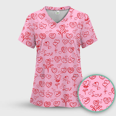 Cute Valentine Heart Scrub Top, Artistic Heart Pink Love Line Art Pattern Nurse Shirt, Comfortable Scrubs For Nursing