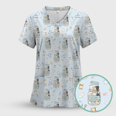 Whimsical Antidepressant Rabbit Jar Design Nurse Scrub Top, Soft & Breathable Workwear