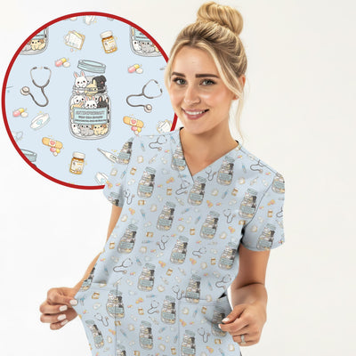 Whimsical Antidepressant Rabbit Jar Design Nurse Scrub Top, Soft & Breathable Workwear