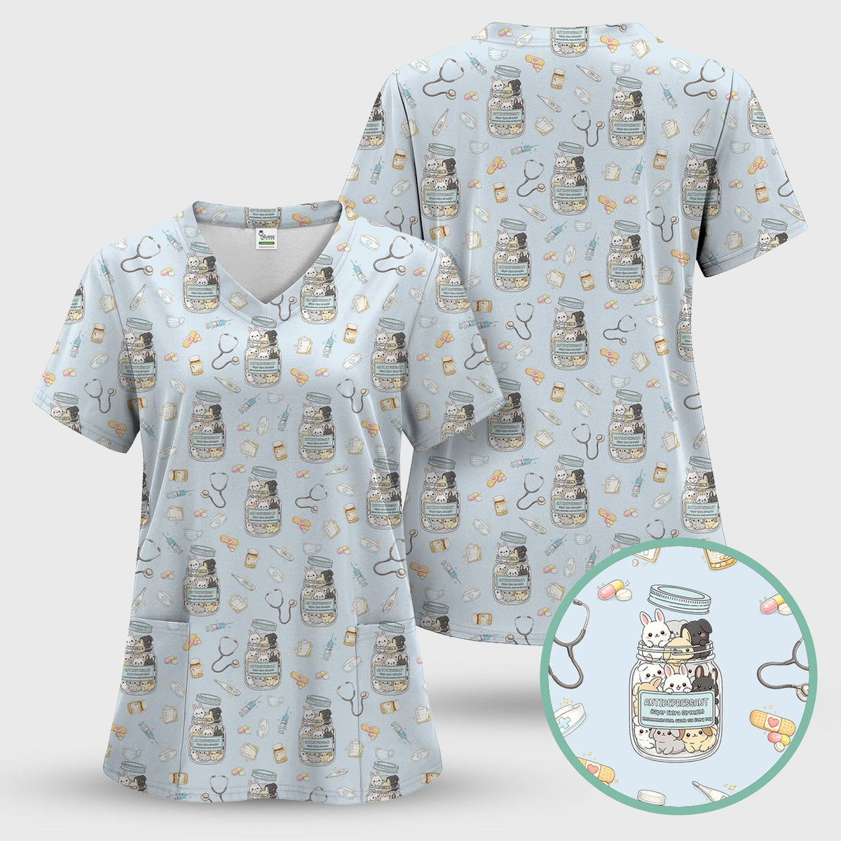 Whimsical Antidepressant Rabbit Jar Design Nurse Scrub Top, Soft & Breathable Workwear
