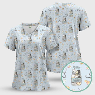 Whimsical Antidepressant Rabbit Jar Design Nurse Scrub Top, Soft & Breathable Workwear