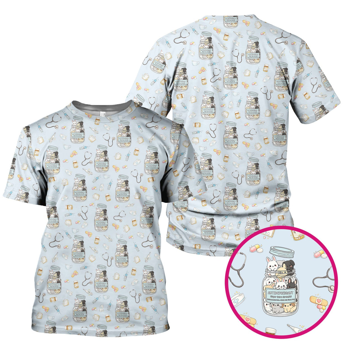 Whimsical Antidepressant Rabbit Jar Design Nurse Scrub Top, Soft & Breathable Workwear