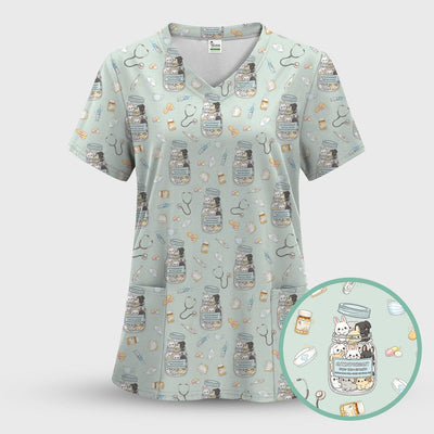 Whimsical Antidepressant Rabbit Jar Design Nurse Scrub Top, Soft & Breathable Workwear