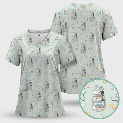 Whimsical Antidepressant Rabbit Jar Design Nurse Scrub Top, Soft & Breathable Workwear