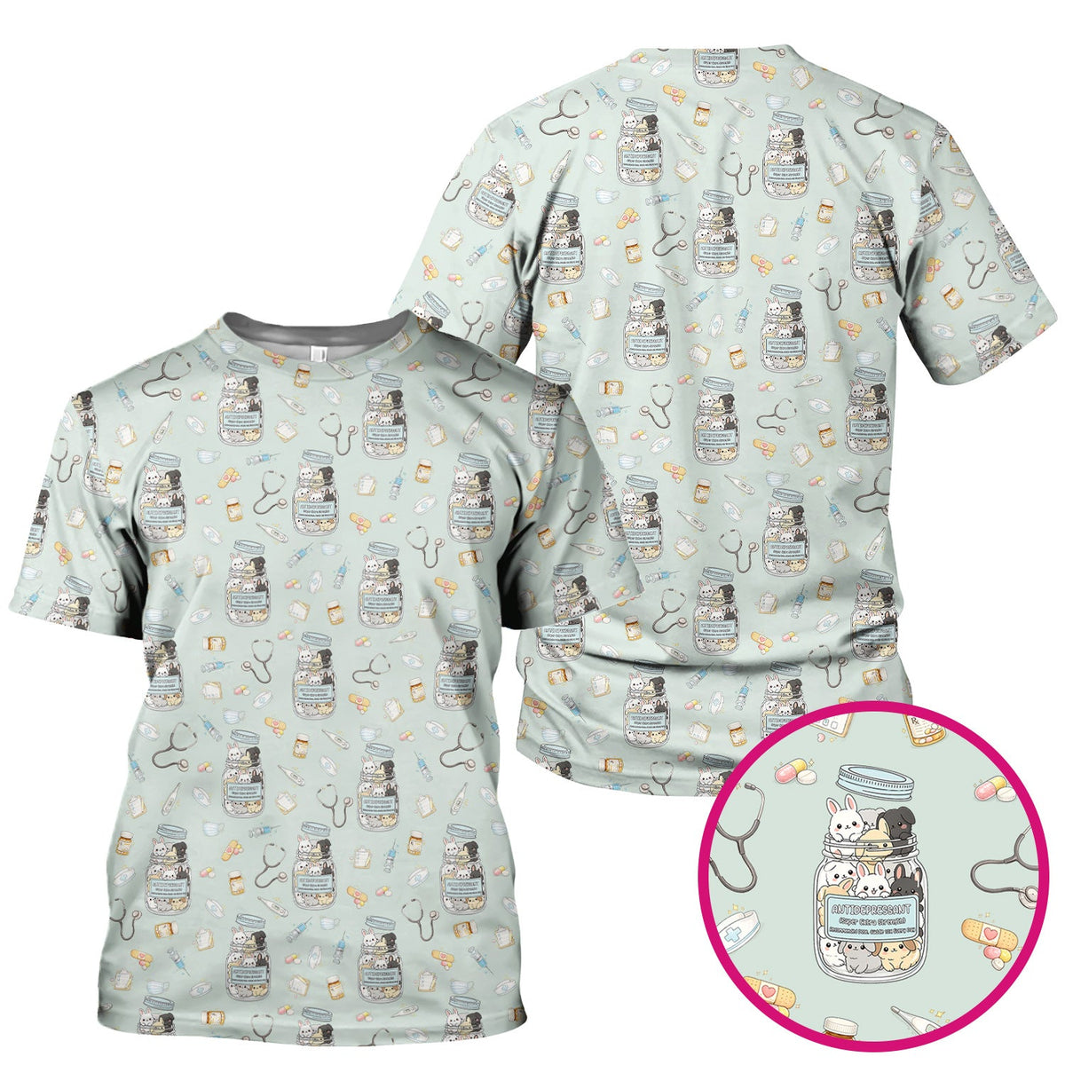 Whimsical Antidepressant Rabbit Jar Design Nurse Scrub Top, Soft & Breathable Workwear