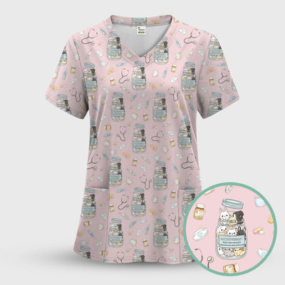 Whimsical Antidepressant Rabbit Jar Design Nurse Scrub Top, Soft & Breathable Workwear