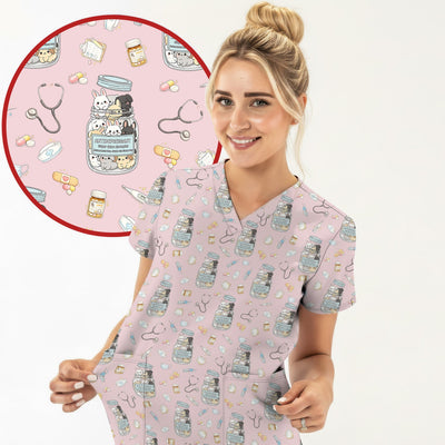 Whimsical Antidepressant Rabbit Jar Design Nurse Scrub Top, Soft & Breathable Workwear