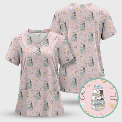 Whimsical Antidepressant Rabbit Jar Design Nurse Scrub Top, Soft & Breathable Workwear