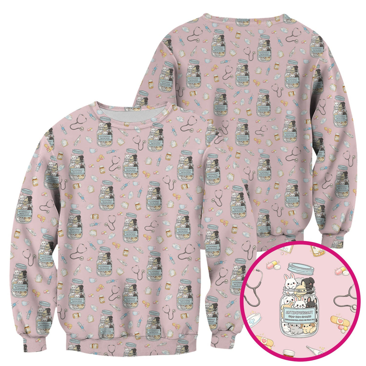 Whimsical Antidepressant Rabbit Jar Design Nurse Scrub Top, Soft & Breathable Workwear