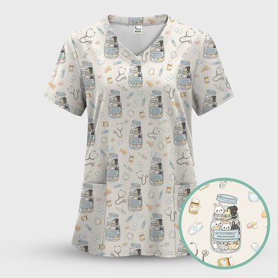 Whimsical Antidepressant Rabbit Jar Design Nurse Scrub Top, Soft & Breathable Workwear