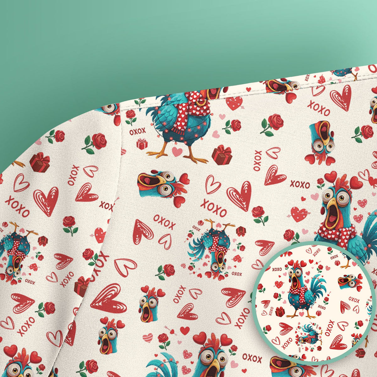 Funny Rooster Valentine Scrub Top, Cute Chicken XOXO Heart Pattern Nurse Shirt, Breathable Fabrics Nursing Uniform