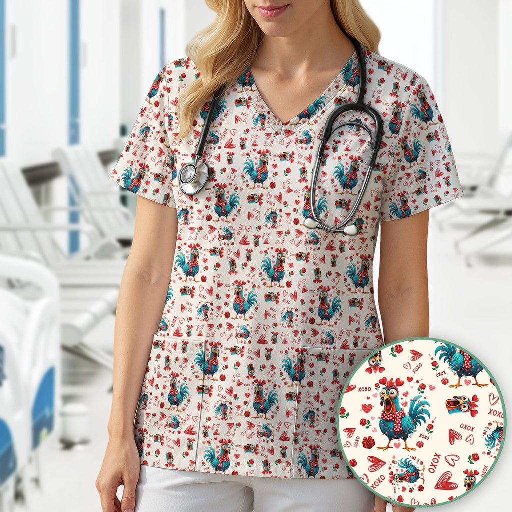 Funny Rooster Valentine Scrub Top, Cute Chicken XOXO Heart Pattern Nurse Shirt, Breathable Fabrics Nursing Uniform