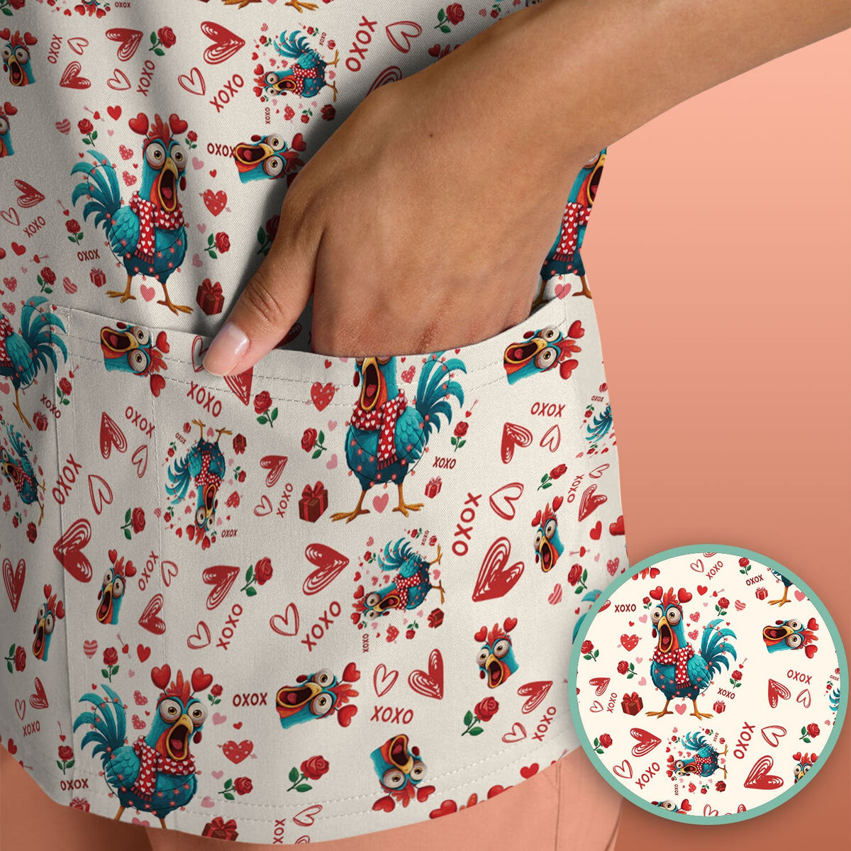 Funny Rooster Valentine Scrub Top, Cute Chicken XOXO Heart Pattern Nurse Shirt, Breathable Fabrics Nursing Uniform