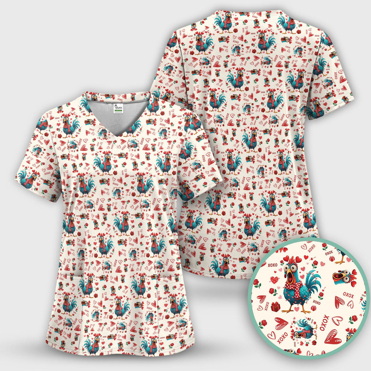 Funny Rooster Valentine Scrub Top, Cute Chicken XOXO Heart Pattern Nurse Shirt, Breathable Fabrics Nursing Uniform