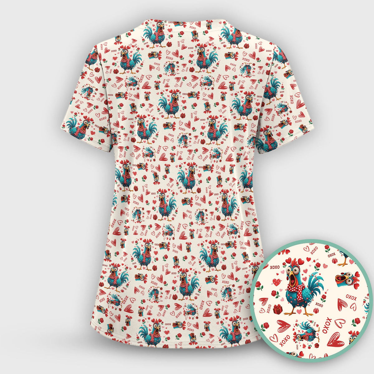 Funny Rooster Valentine Scrub Top, Cute Chicken XOXO Heart Pattern Nurse Shirt, Breathable Fabrics Nursing Uniform