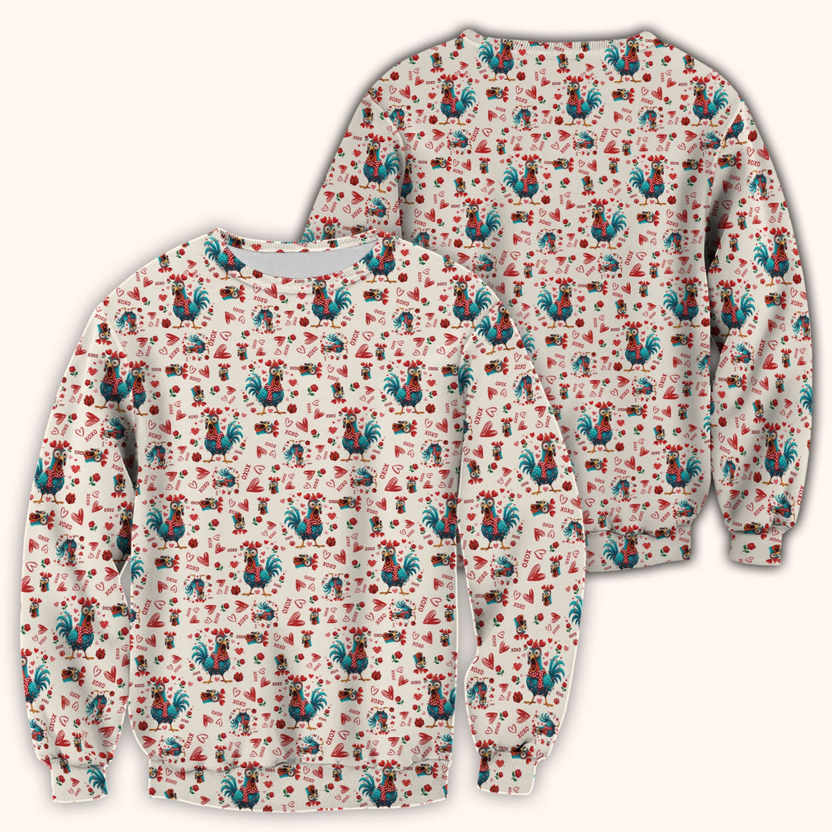 Funny Rooster Valentine Scrub Top, Cute Chicken XOXO Heart Pattern Nurse Shirt, Breathable Fabrics Nursing Uniform