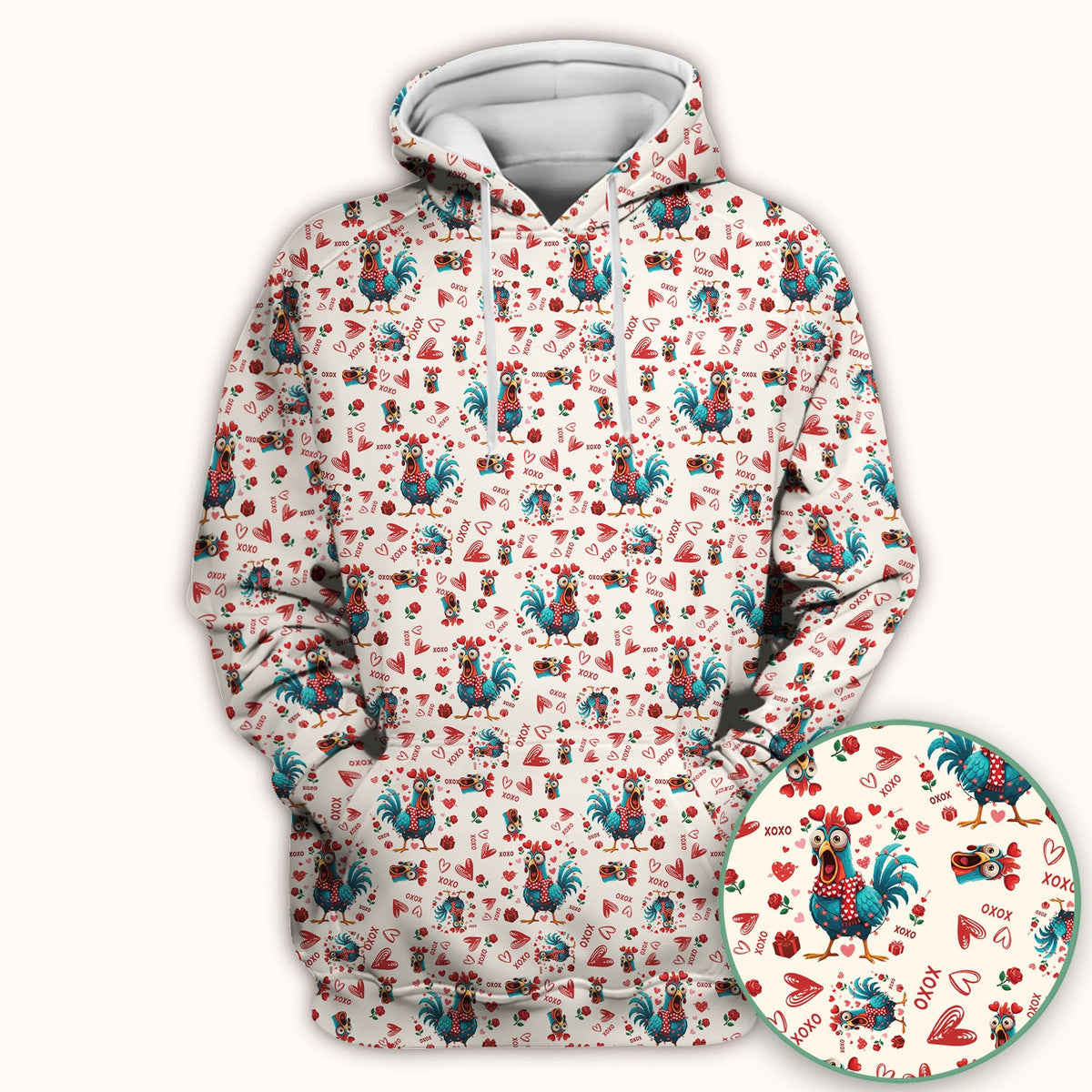 Funny Rooster Valentine Scrub Top, Cute Chicken XOXO Heart Pattern Nurse Shirt, Breathable Fabrics Nursing Uniform