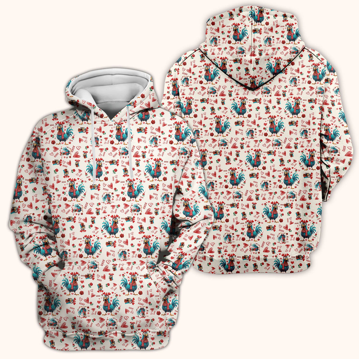 Funny Rooster Valentine Scrub Top, Cute Chicken XOXO Heart Pattern Nurse Shirt, Breathable Fabrics Nursing Uniform