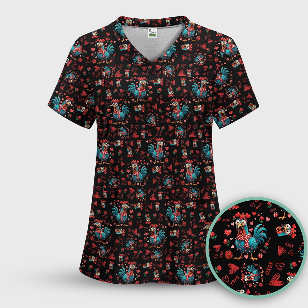 Funny Rooster Valentine Scrub Top, Cute Chicken XOXO Heart Pattern Nurse Shirt, Breathable Fabrics Nursing Uniform