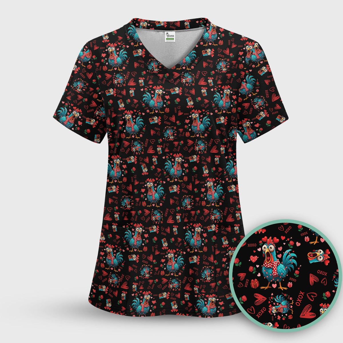 Funny Rooster Valentine Scrub Top, Cute Chicken XOXO Heart Pattern Nurse Shirt, Breathable Fabrics Nursing Uniform