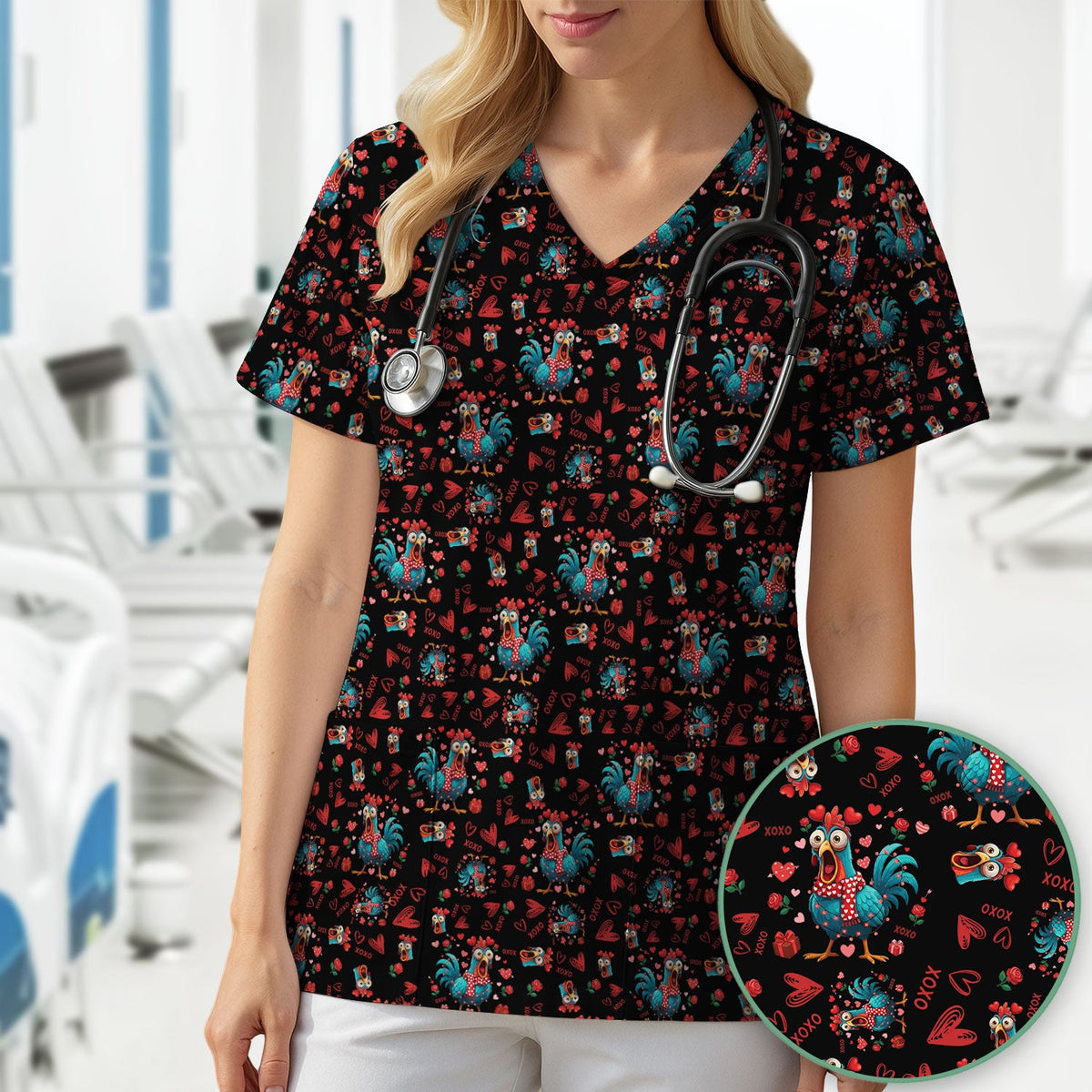 Funny Rooster Valentine Scrub Top, Cute Chicken XOXO Heart Pattern Nurse Shirt, Breathable Fabrics Nursing Uniform