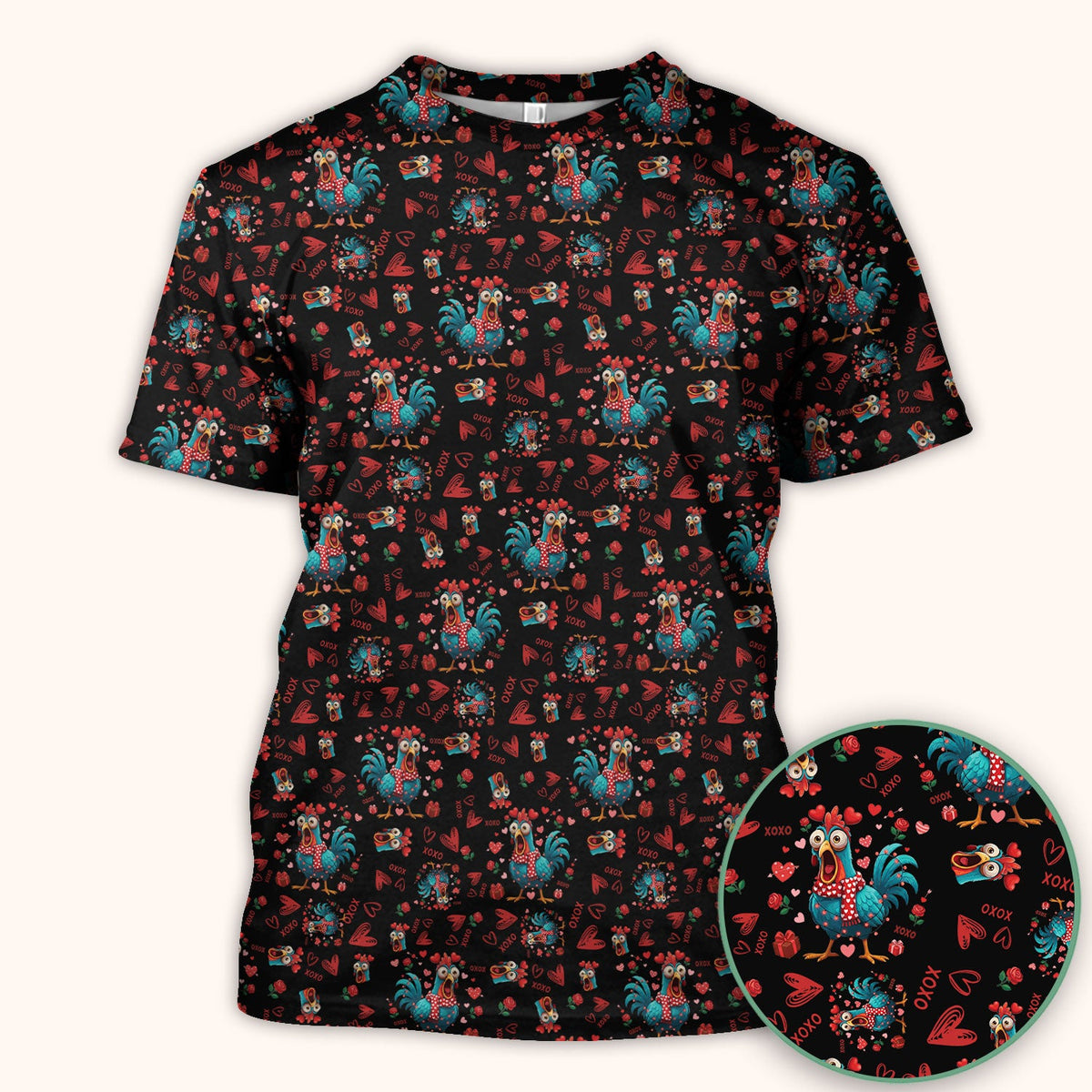 Funny Rooster Valentine Scrub Top, Cute Chicken XOXO Heart Pattern Nurse Shirt, Breathable Fabrics Nursing Uniform