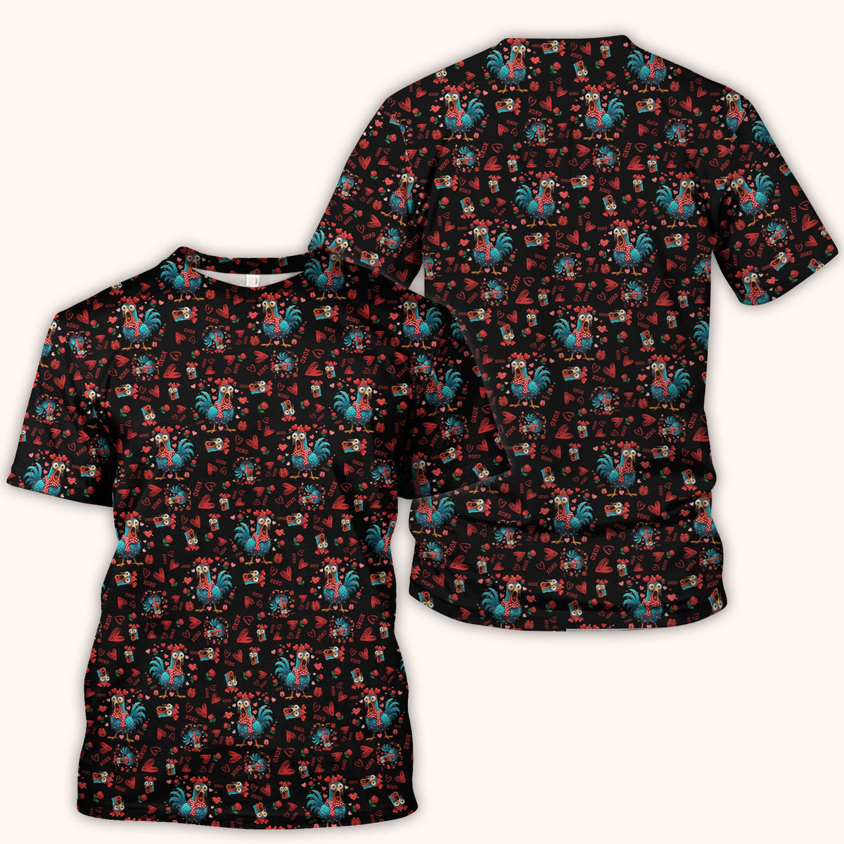 Funny Rooster Valentine Scrub Top, Cute Chicken XOXO Heart Pattern Nurse Shirt, Breathable Fabrics Nursing Uniform