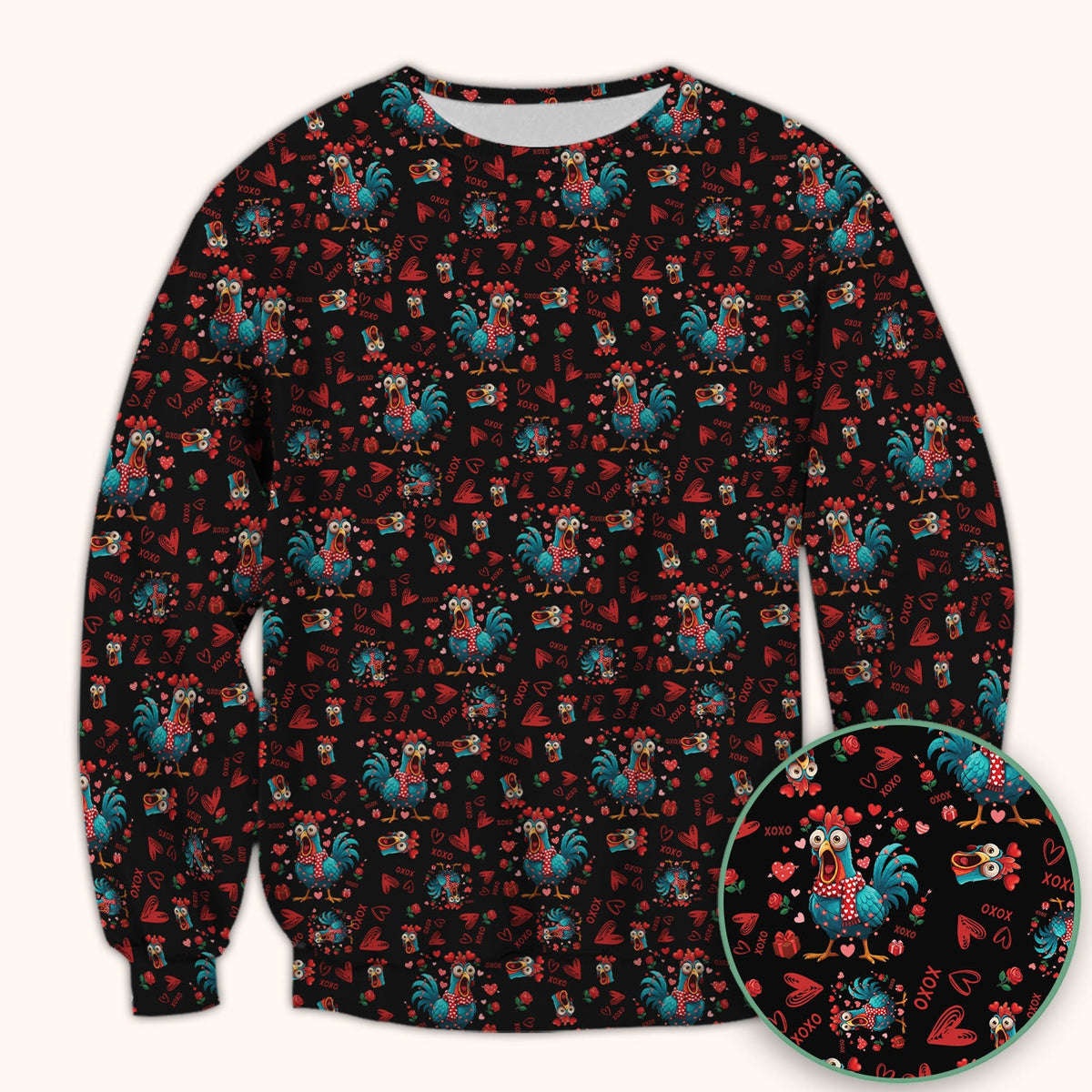 Funny Rooster Valentine Scrub Top, Cute Chicken XOXO Heart Pattern Nurse Shirt, Breathable Fabrics Nursing Uniform