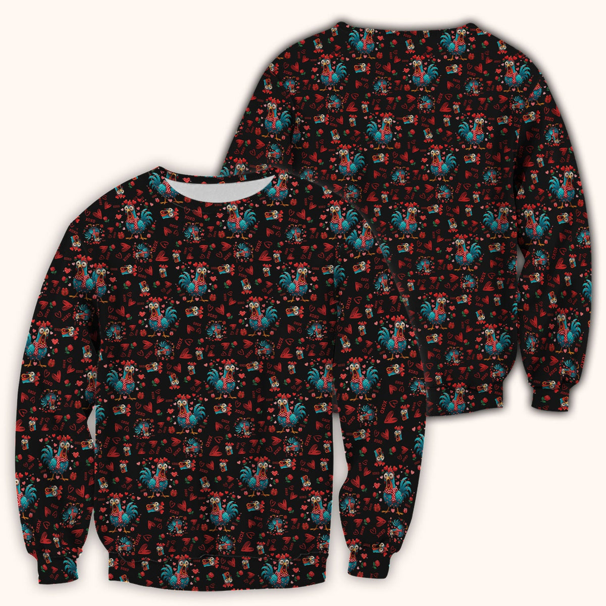 Funny Rooster Valentine Scrub Top, Cute Chicken XOXO Heart Pattern Nurse Shirt, Breathable Fabrics Nursing Uniform