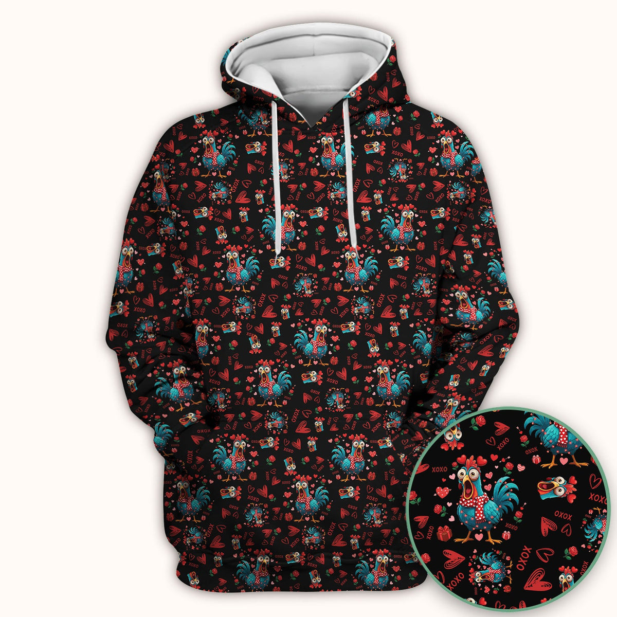 Funny Rooster Valentine Scrub Top, Cute Chicken XOXO Heart Pattern Nurse Shirt, Breathable Fabrics Nursing Uniform
