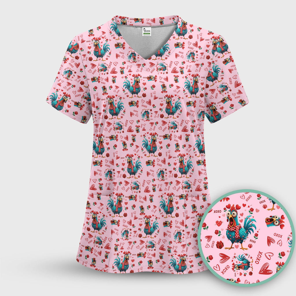 Funny Rooster Valentine Scrub Top, Cute Chicken XOXO Heart Pattern Nurse Shirt, Breathable Fabrics Nursing Uniform
