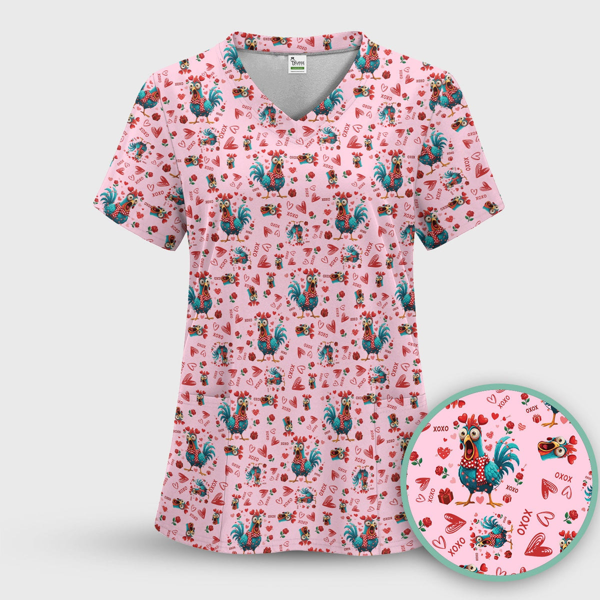 Funny Rooster Valentine Scrub Top, Cute Chicken XOXO Heart Pattern Nurse Shirt, Breathable Fabrics Nursing Uniform